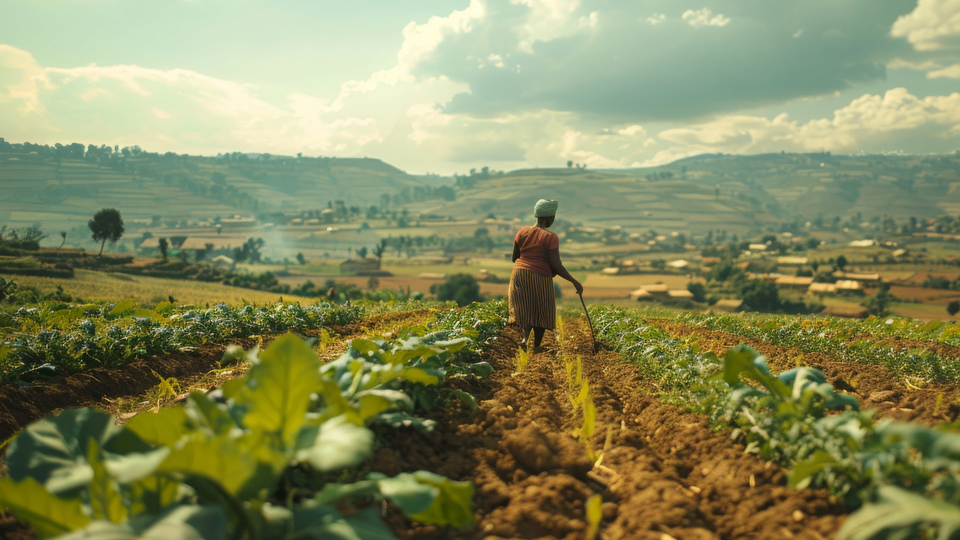 Un agricultor cavando en un campo de arroz
