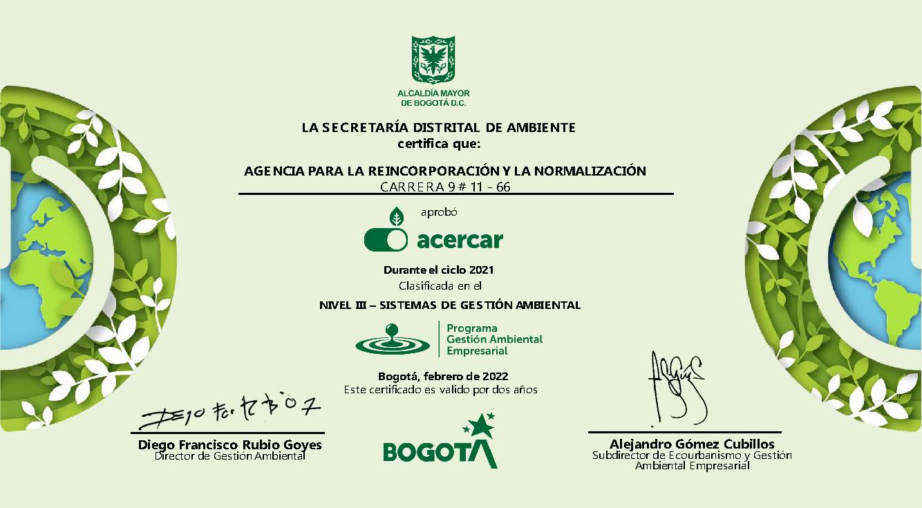 Diploma Certificado ACERCAR, reconocimiento a la ARN